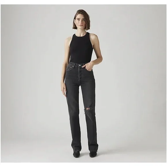 Levi's Ribcage Straight Joli Thorax Droit Button Fly Dark Black Wash Jeans NWT - Picture 1 of 16